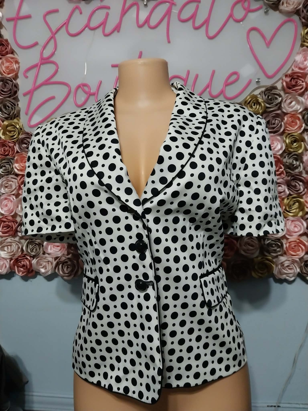 Tahari Black and White Polka Dot Short Sleeve Blazer